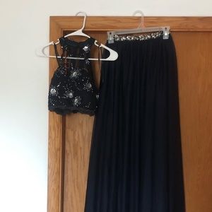 NAVY Blue Sequin High Neck 2 Piece Prom Dress